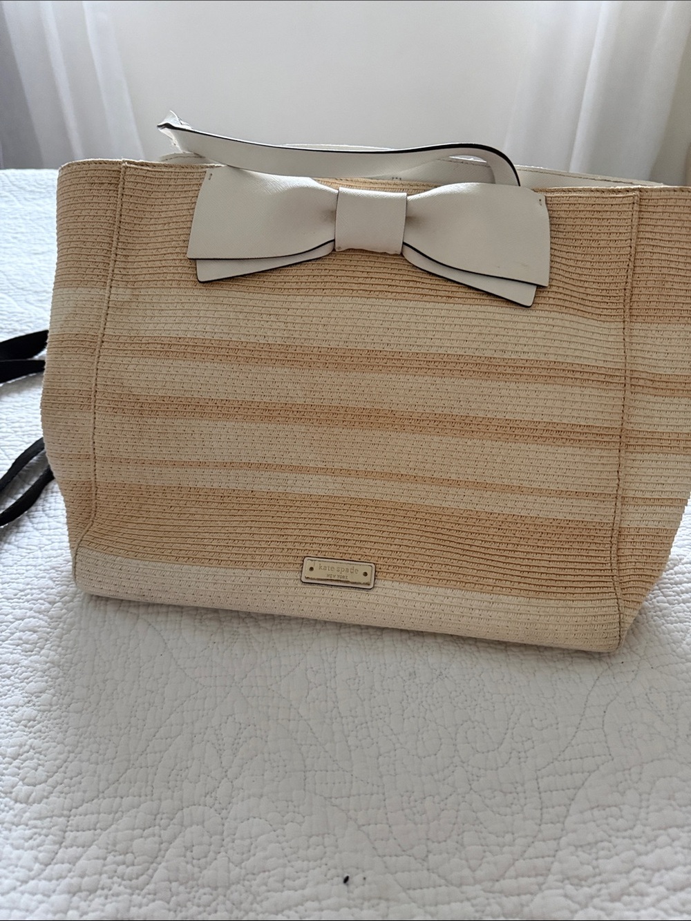 kate spade Cream Straw Tote with Decorative Bow